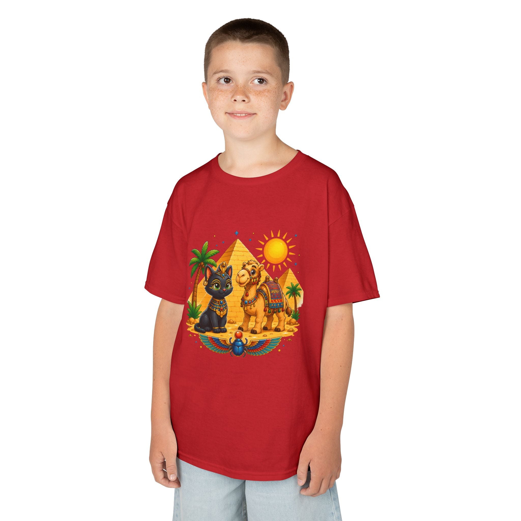 Egyptian Cats and Camel Kids Tee | Pyramid Desert Sun Illustration