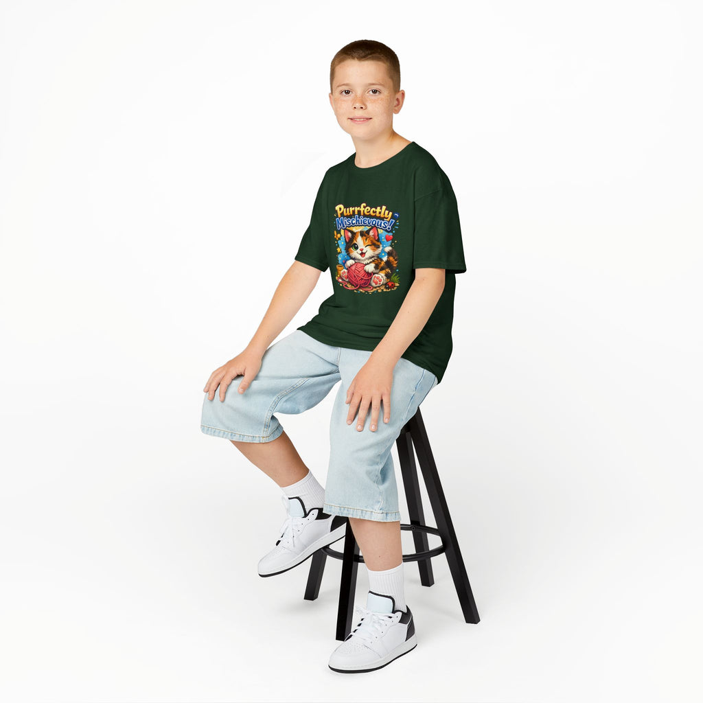 Kids T-Shirt — "Purrfectly Mischievous" Cute Kitten Playing with Yarn