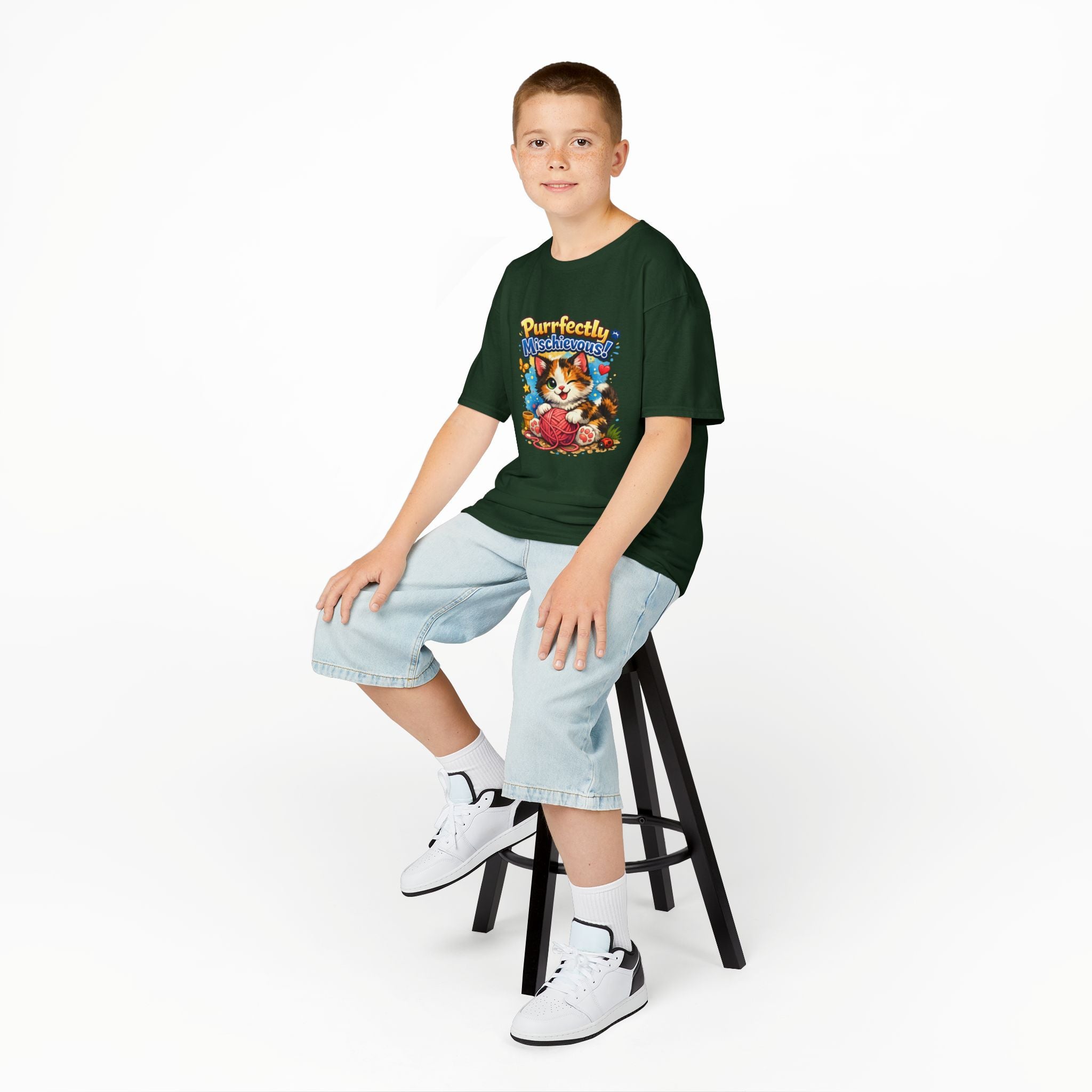 Kids T-Shirt — "Purrfectly Mischievous" Cute Kitten Playing with Yarn