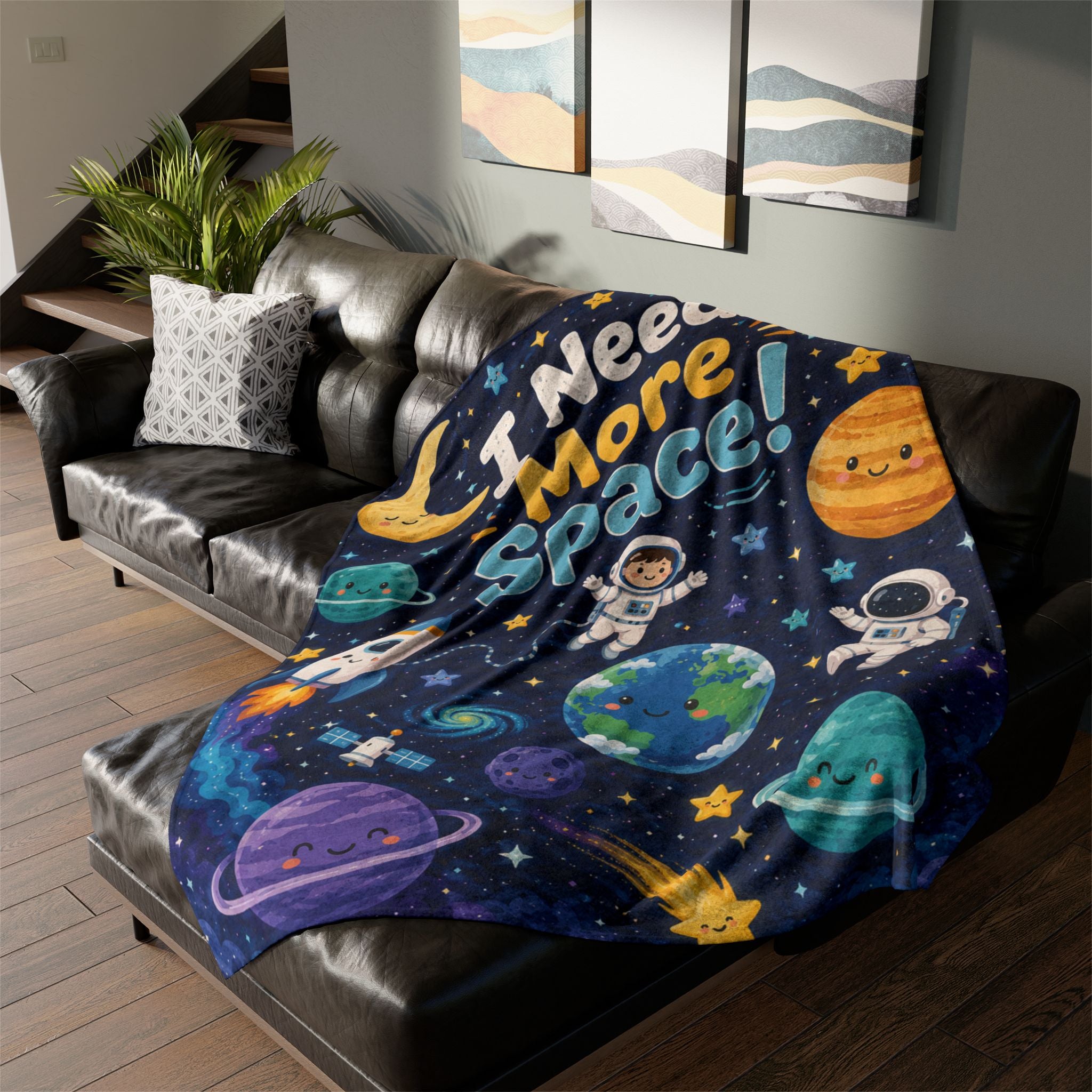 Space-Themed Throw Blanket - "I Need More Space!" Kids Astronaut Cozy Blanket