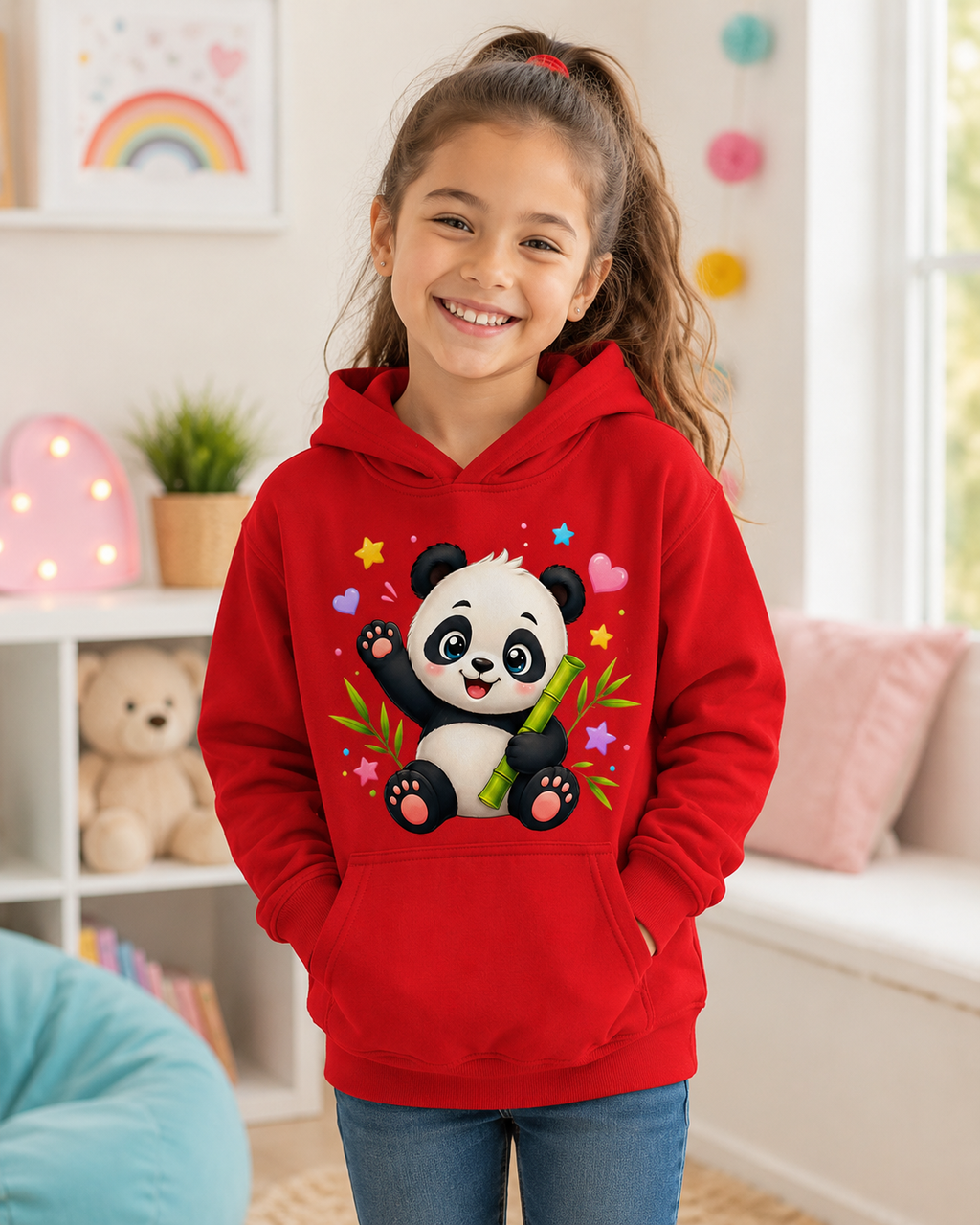 Kids Hoodie — Cute Smiling Panda with Bamboo & Hearts