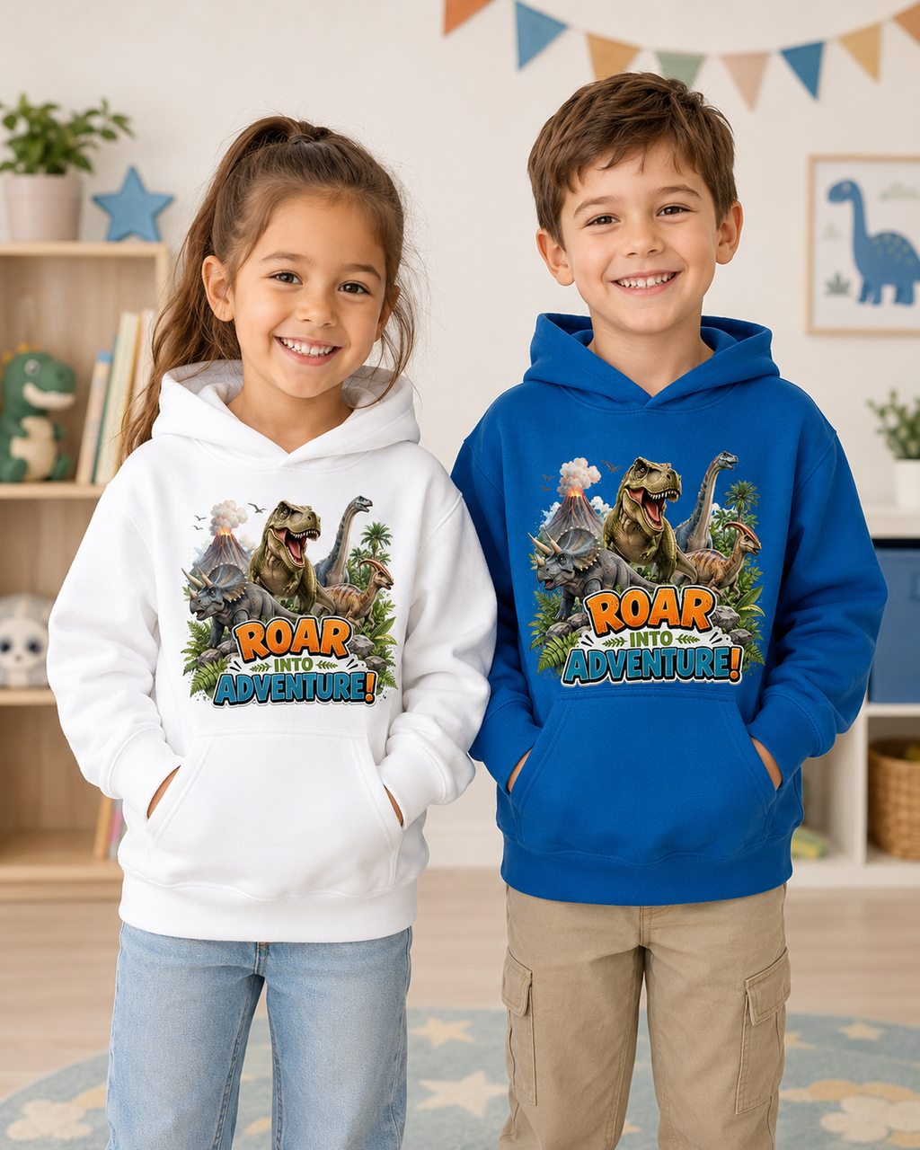 Kids Hoodie - "Roar Into Adventure" Dinosaur Hoodie for Boys & Girls, T‑Rex Graphic Pullover