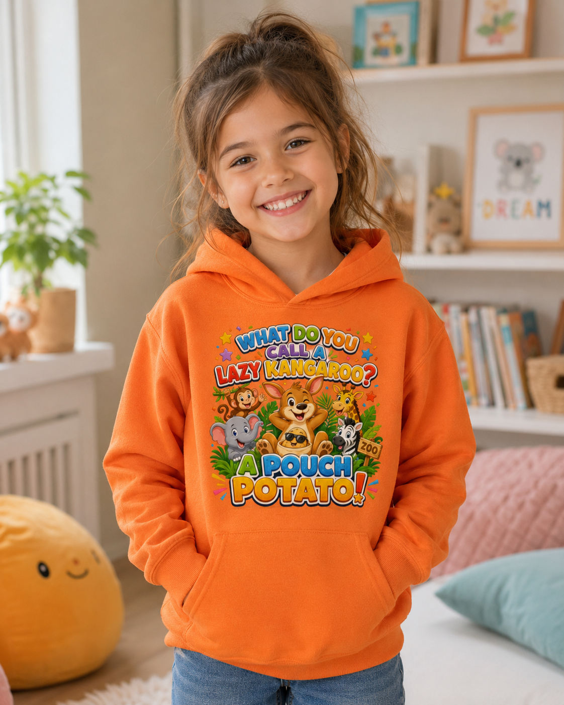Lazy Kangaroo Pouch Potato Kids Hoodie | Cute Animal Joke Graphic