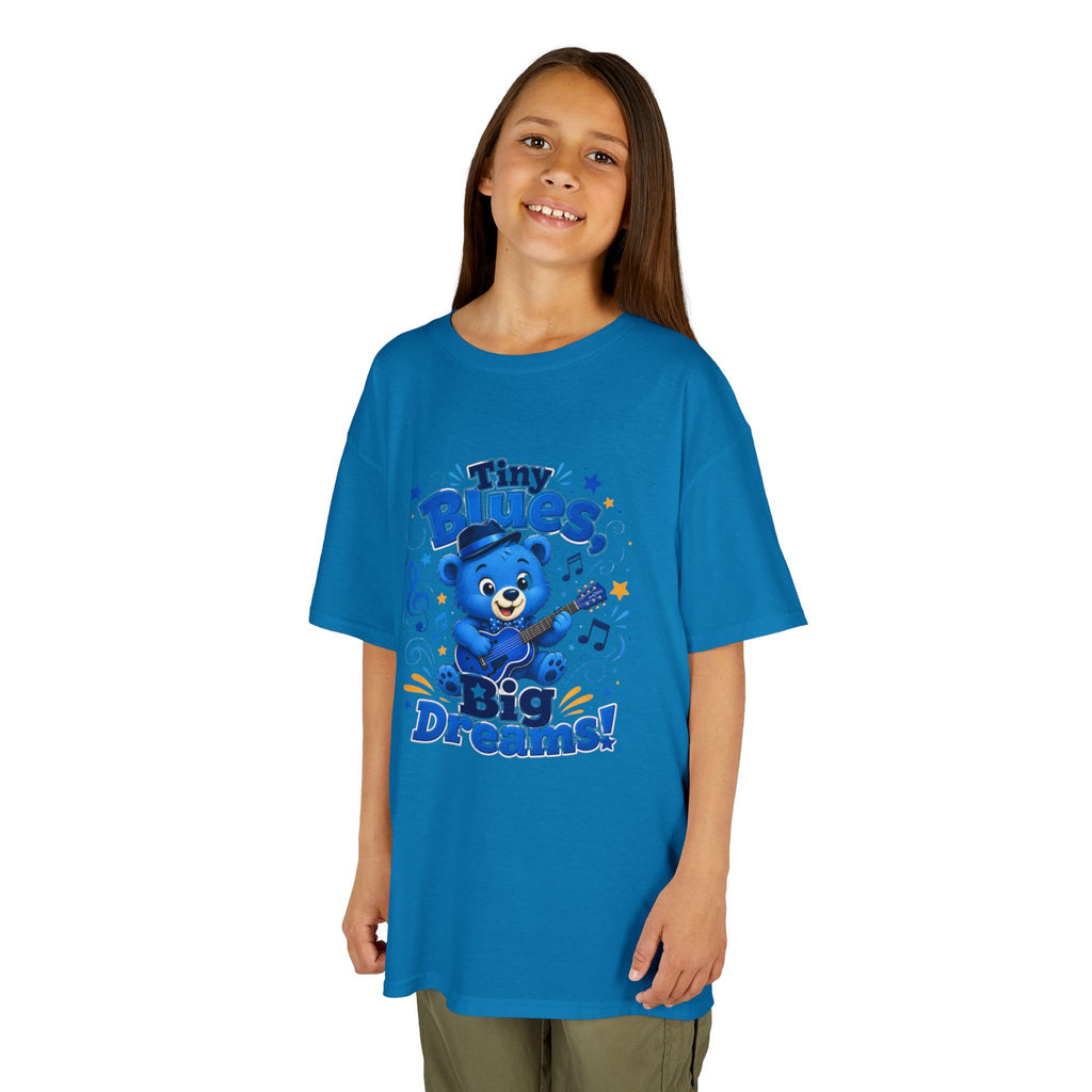 Kids Tee - "Tiny Blues, Big Dreams!" Cute Blue Bear Music Graphic
