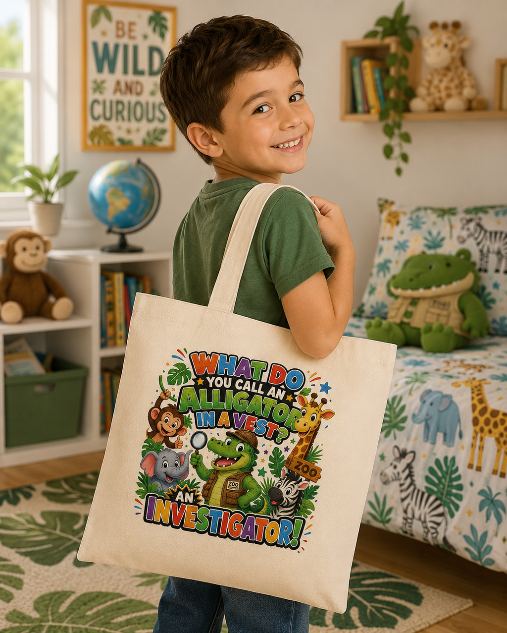 Alligator Investigator Tote Bag | Cute Jungle Animals, Kid Joke Design