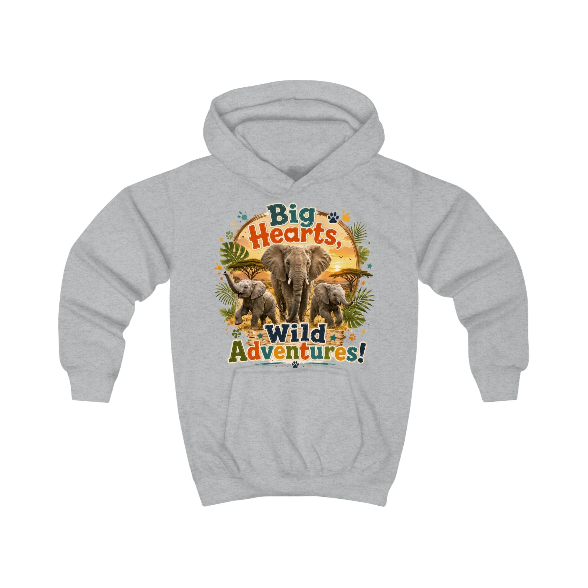 Kids Hoodie — "Big Hearts, Wild Adventures!" Elephant Safari Graphic
