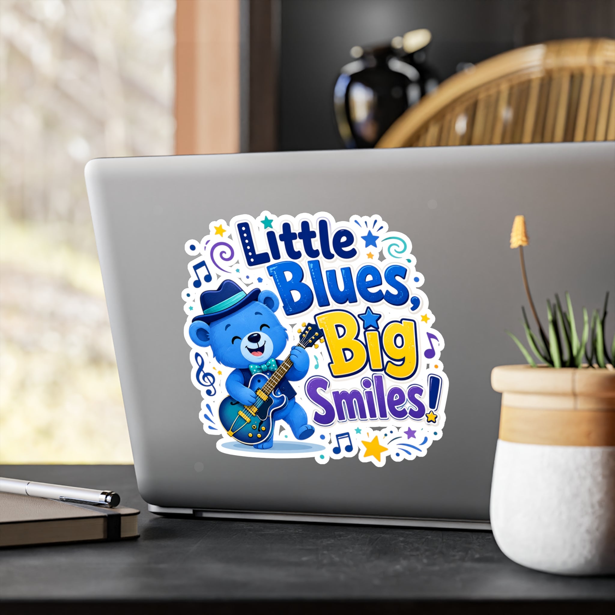 Little Blues Big Smiles Sticker — Cute Guitar Bear Kiss-Cut Vinyl Decal