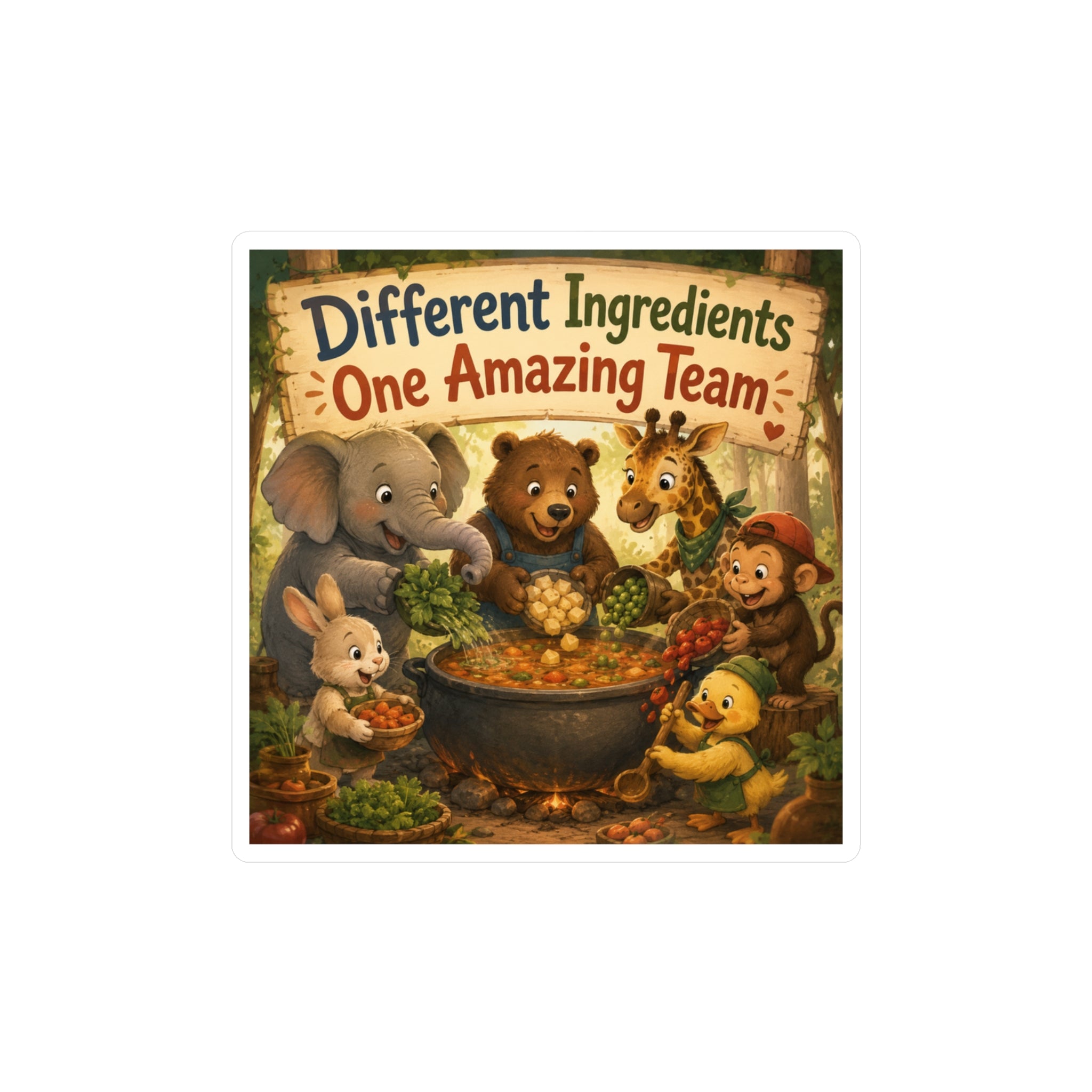 Kiss-Cut Vinyl Sticker — "Different Ingredients One Amazing Team" Cute Woodland Animals Teamwork Decal
