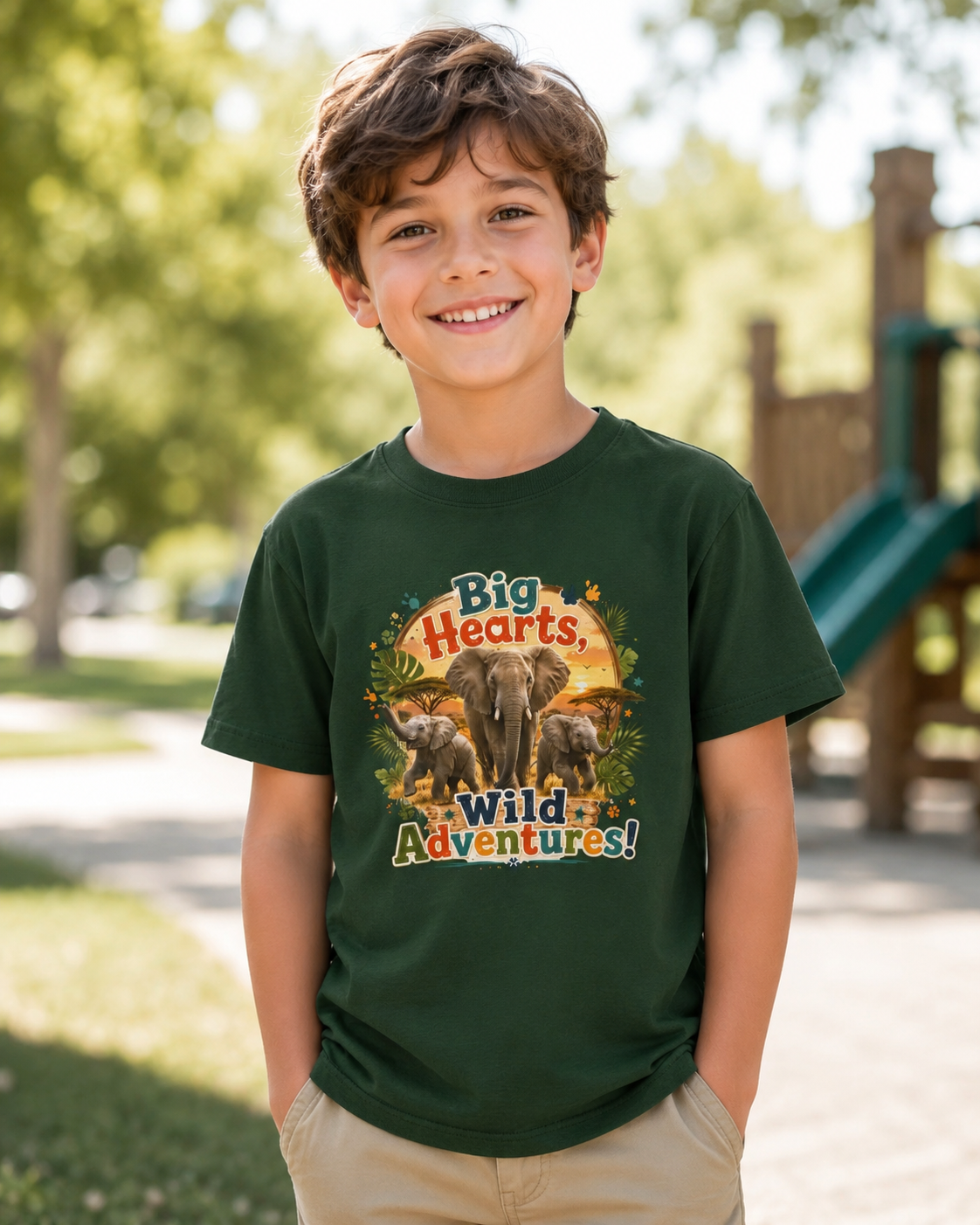 Kids T-Shirt — “Big Hearts, Wild Adventures!” Elephant Safari Shirt for Kids, Cute Animal Adventure Tee