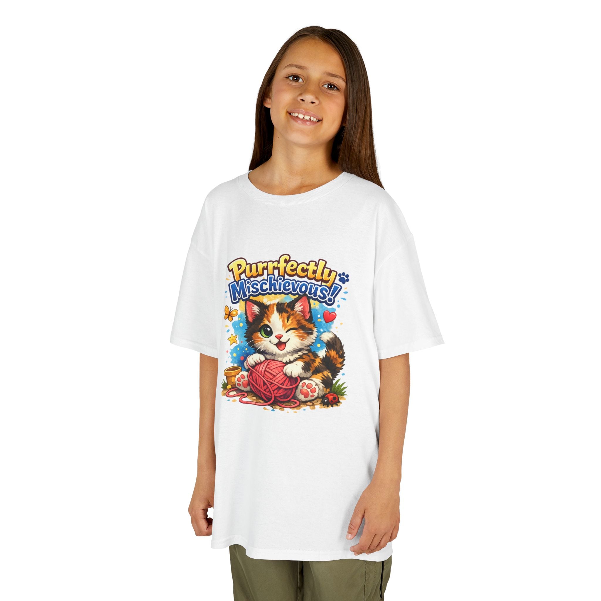 Kids T-Shirt — "Purrfectly Mischievous" Cute Kitten Playing with Yarn