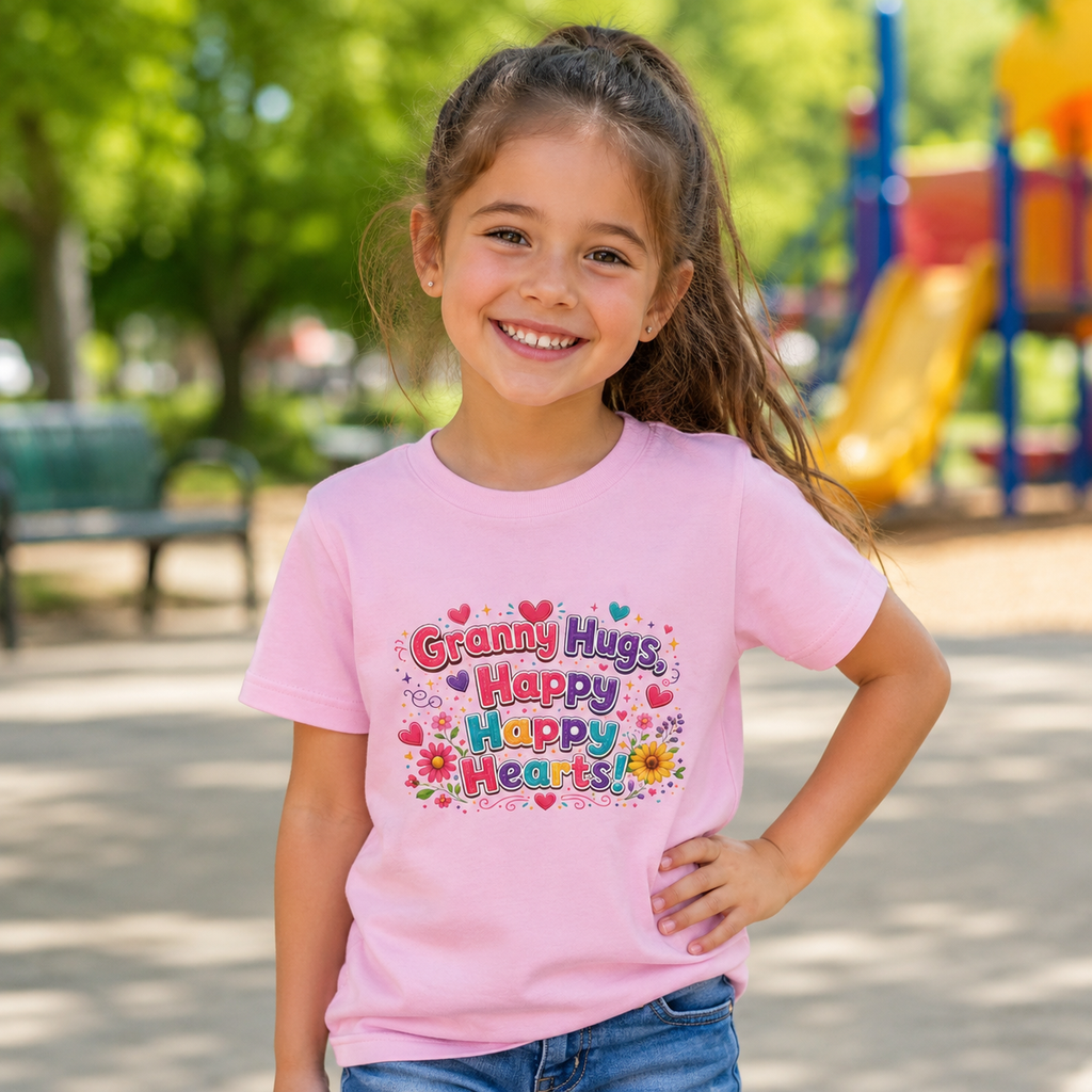 Granny Hugs Happy Hearts Kids Tee | Colorful Floral Kids Shirt