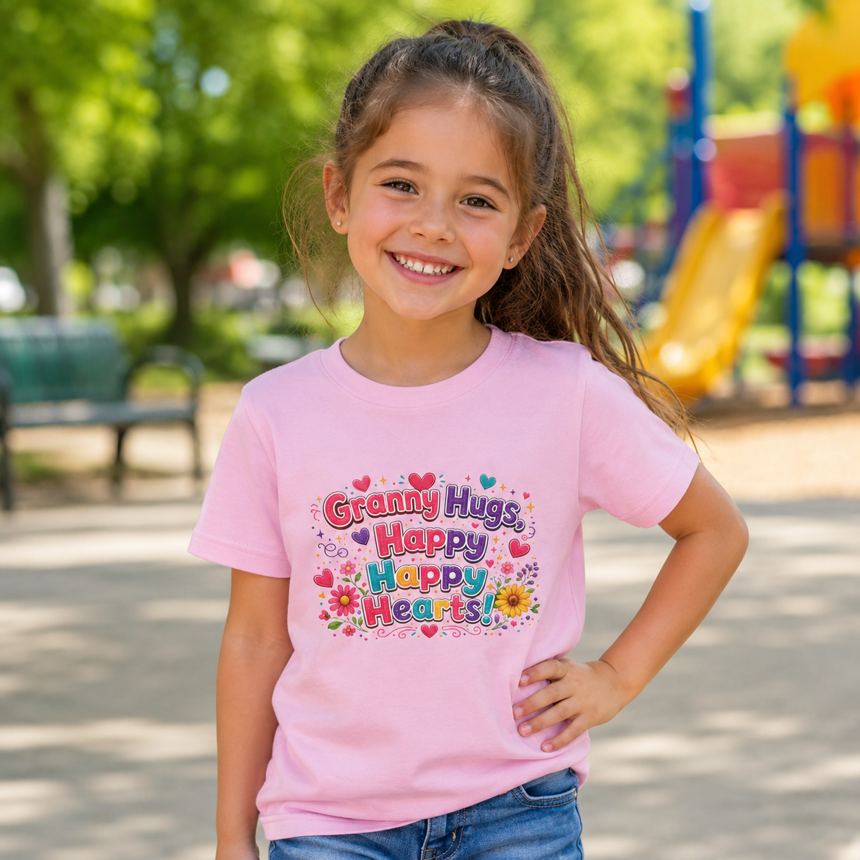 Granny Hugs Happy Hearts Kids Tee | Colorful Floral Kids Shirt