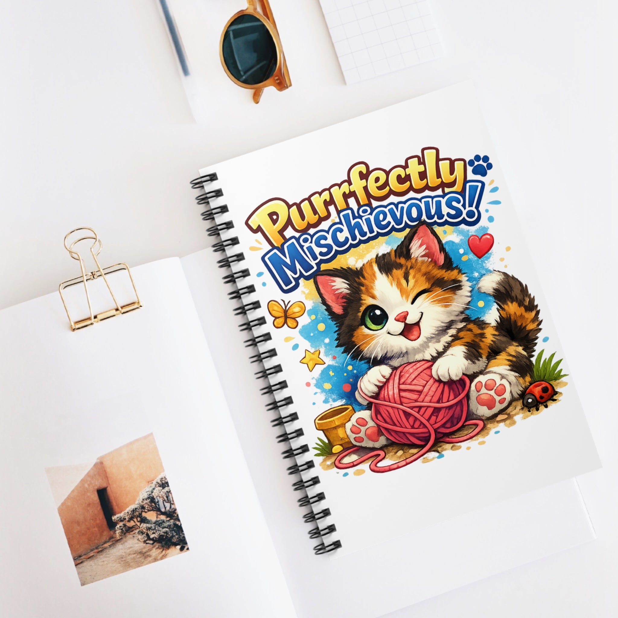 Notebook — "Purrfectly Mischievous!" Cute Calico Kitten Spiral Journal