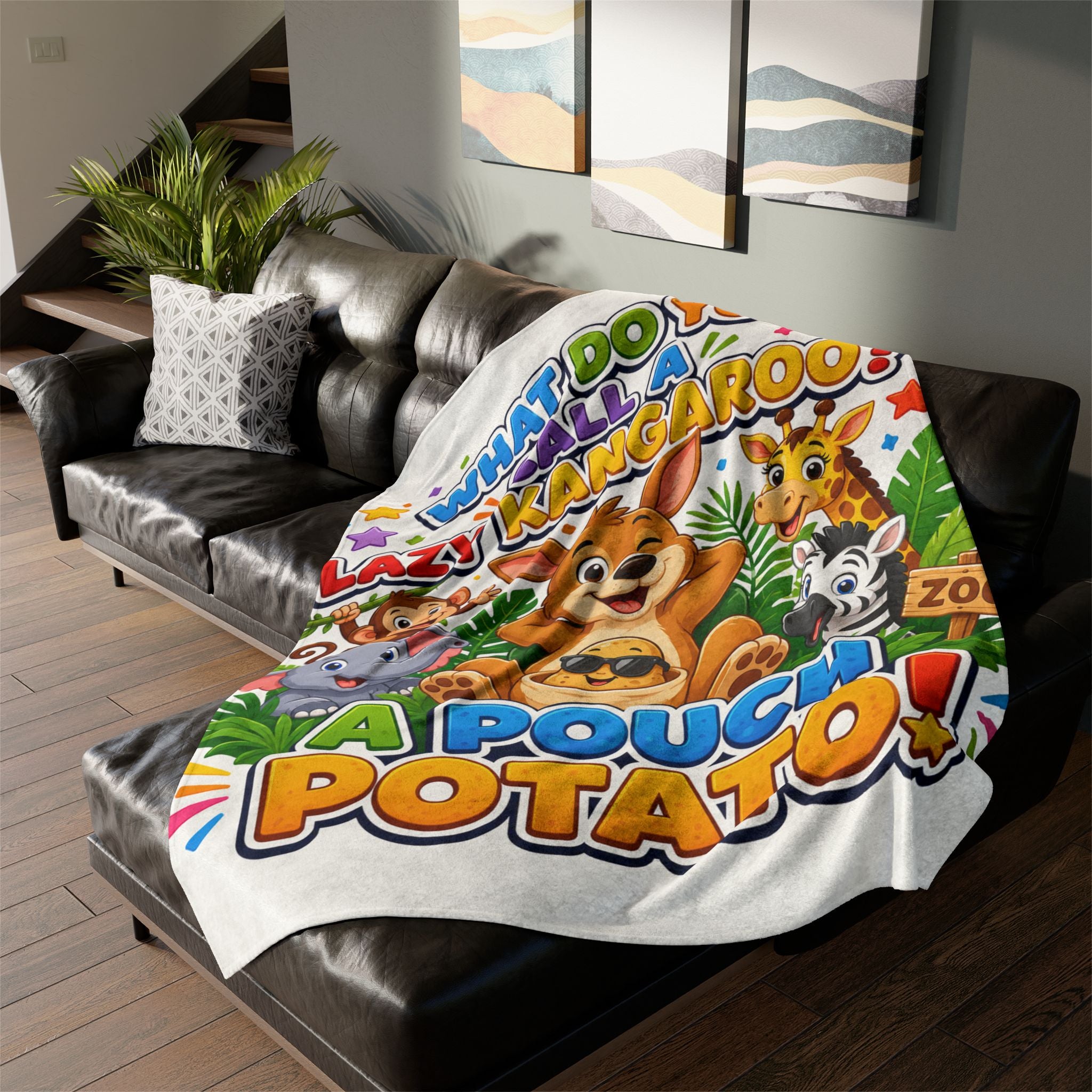 Kids' Funny 'A Pouch Potato' Blanket – Cute Jungle Kangaroo Design