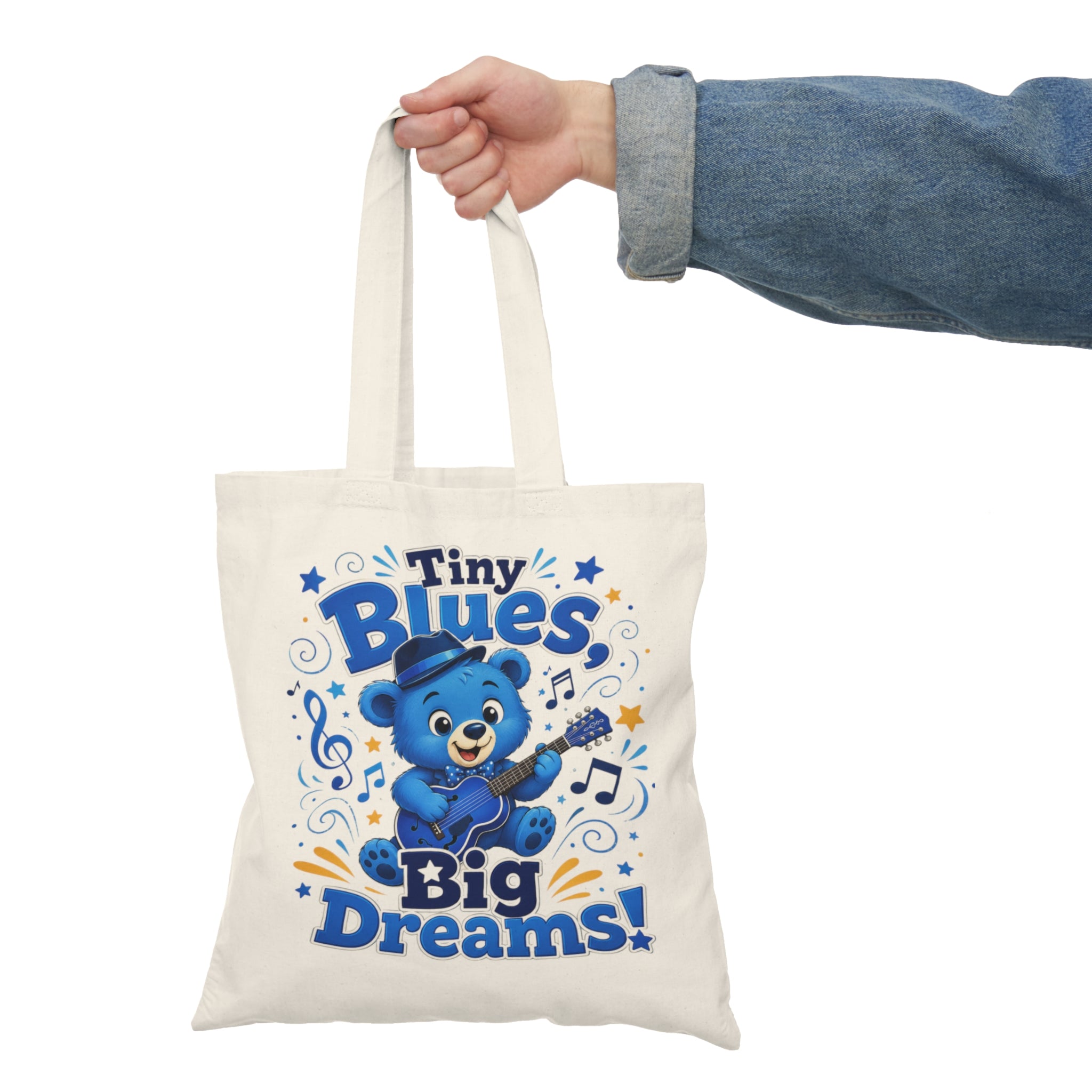 Tiny Blues Big Dreams Tote Bag — Cute Blue Bear Music Graphic Cotton Tote