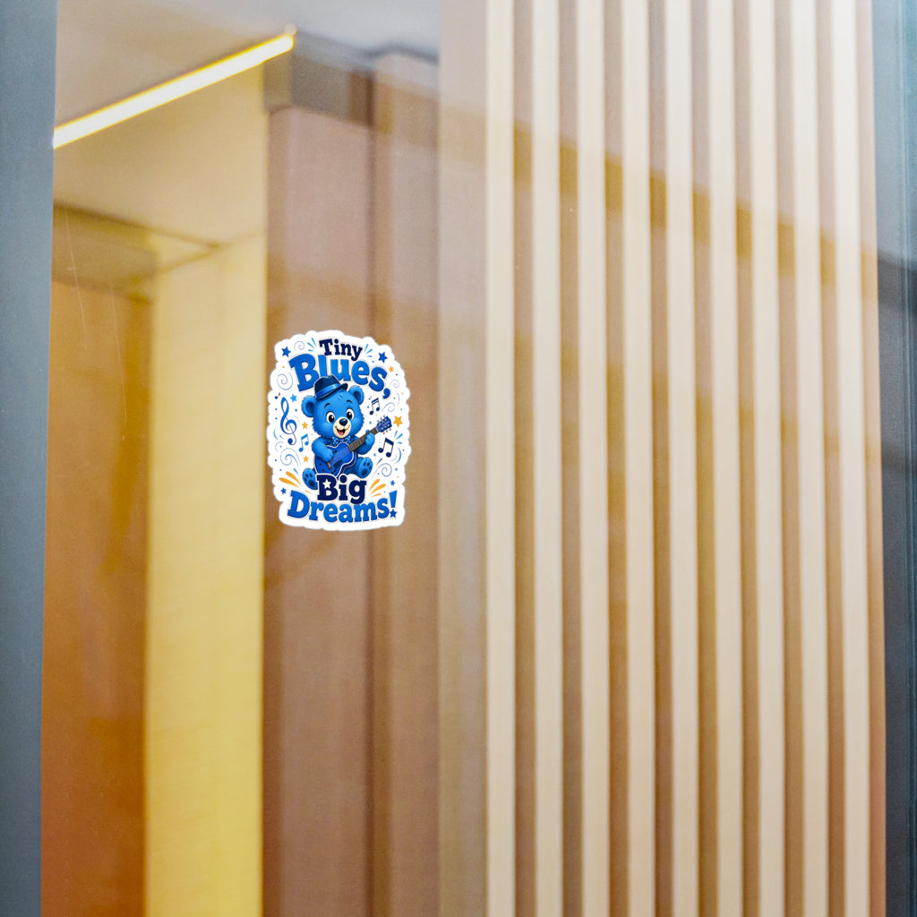 Tiny Blues Big Dreams Sticker — Cute Blue Bear Guitar Kiss-Cut Vinyl Decal