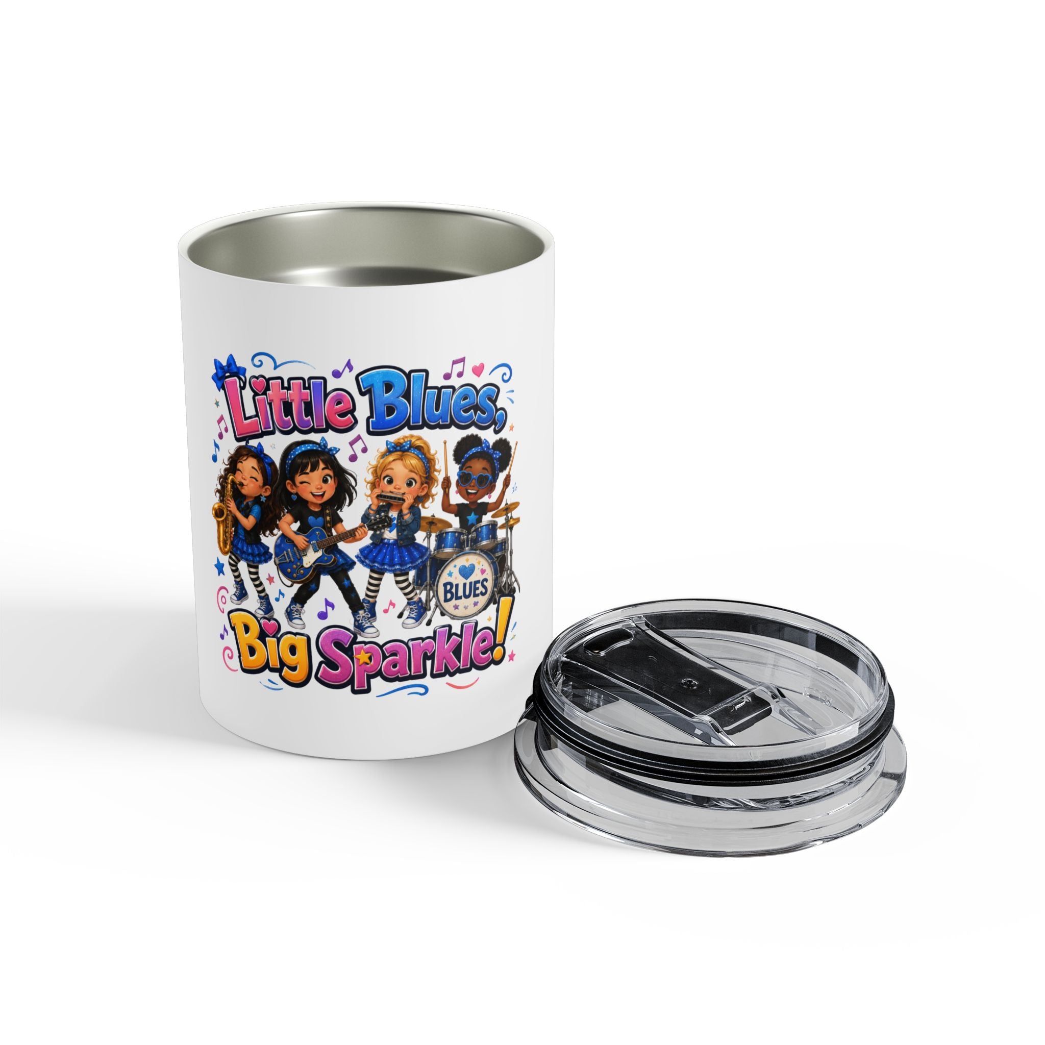 Little Blues, Big Sparkle 10oz Tumbler — Cute Girls’ Music Band Kids Travel Cup