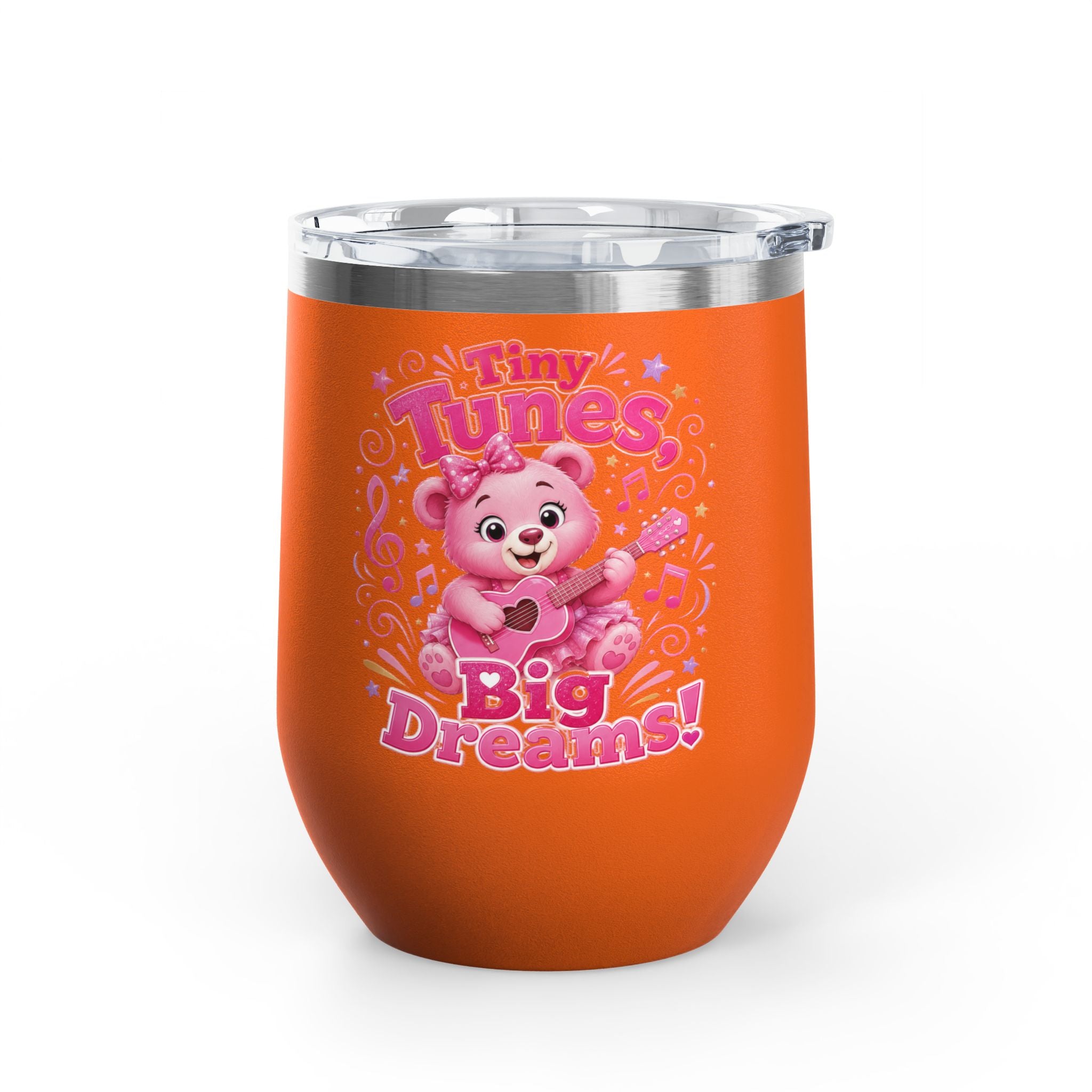 12oz Tumbler — "Tiny Tunes, Big Dreams" Cute Pink Bear Design