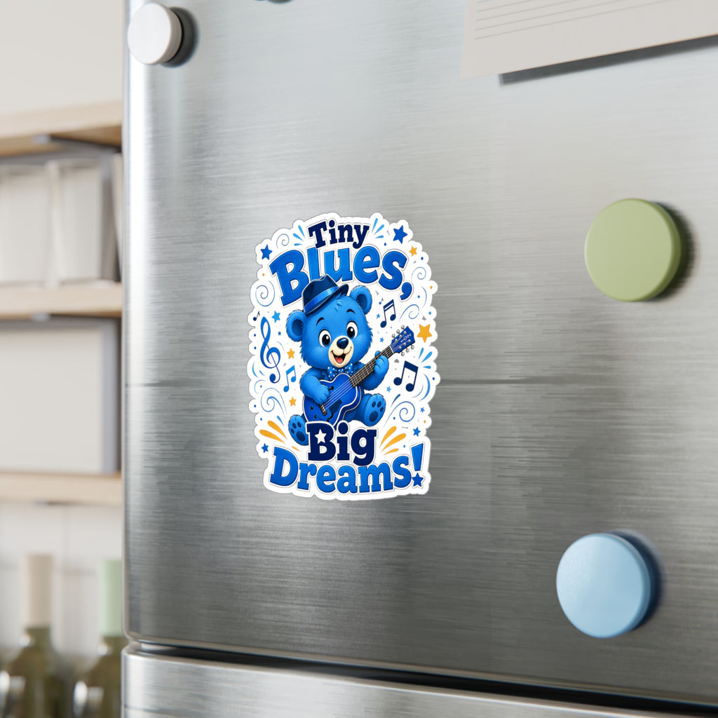 Tiny Blues Big Dreams Sticker — Cute Blue Bear Guitar Kiss-Cut Vinyl Decal