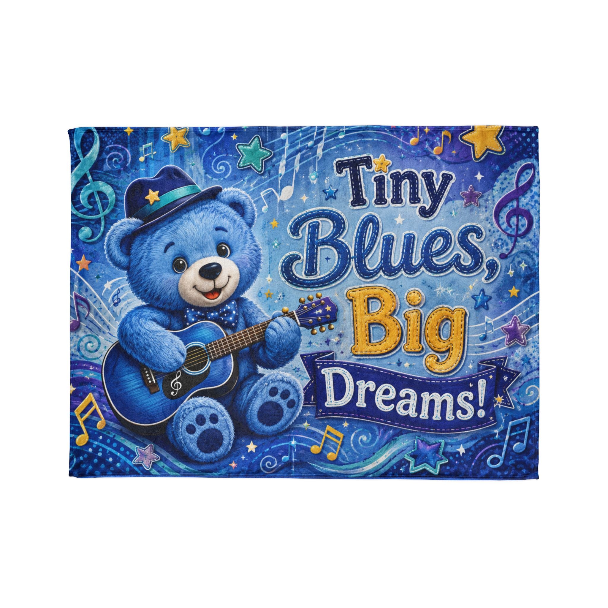 Tiny Blues Big Dreams Baby Blanket — Blue Teddy Guitar Nursery Throw