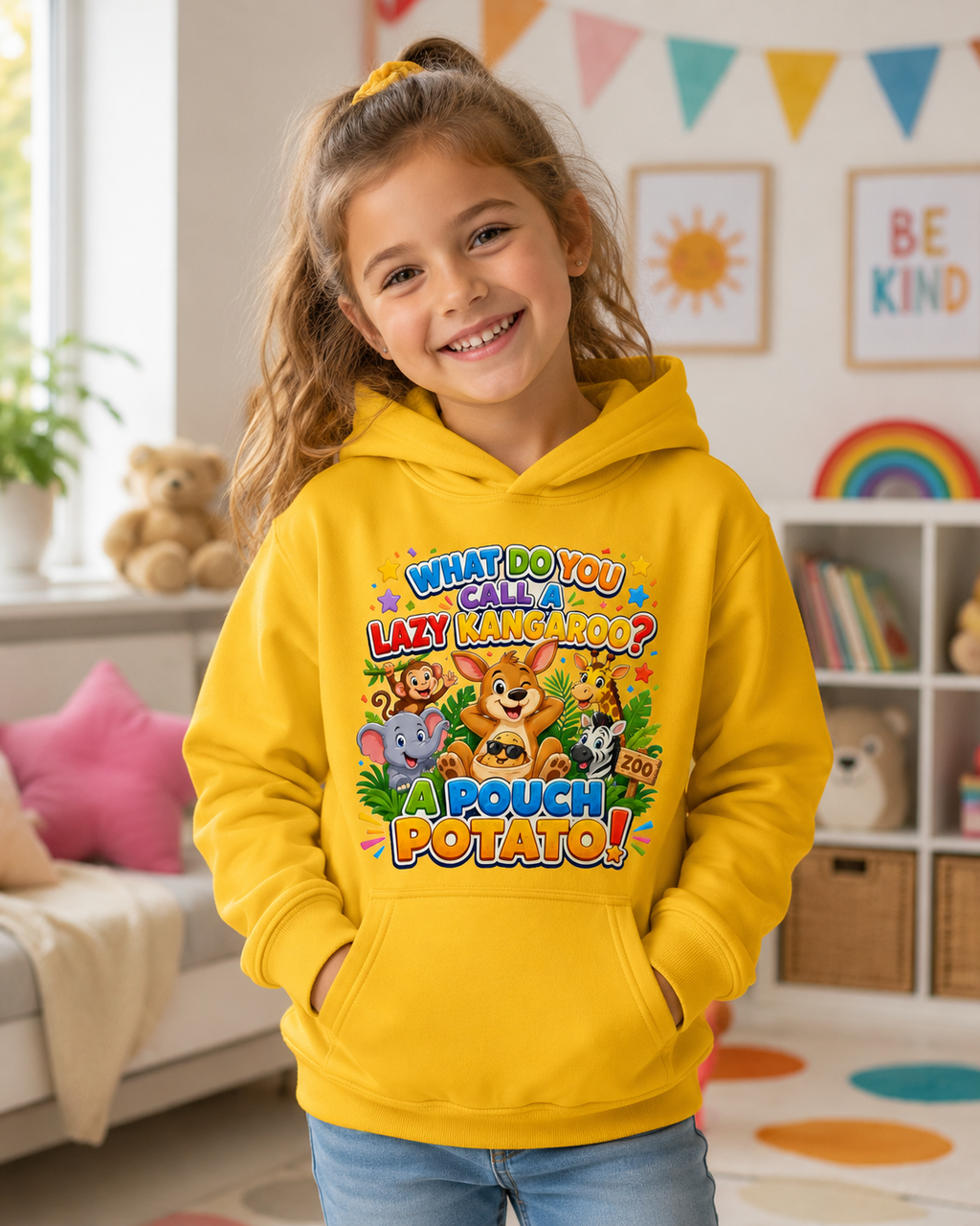 Lazy Kangaroo Pouch Potato Kids Hoodie | Cute Animal Joke Graphic