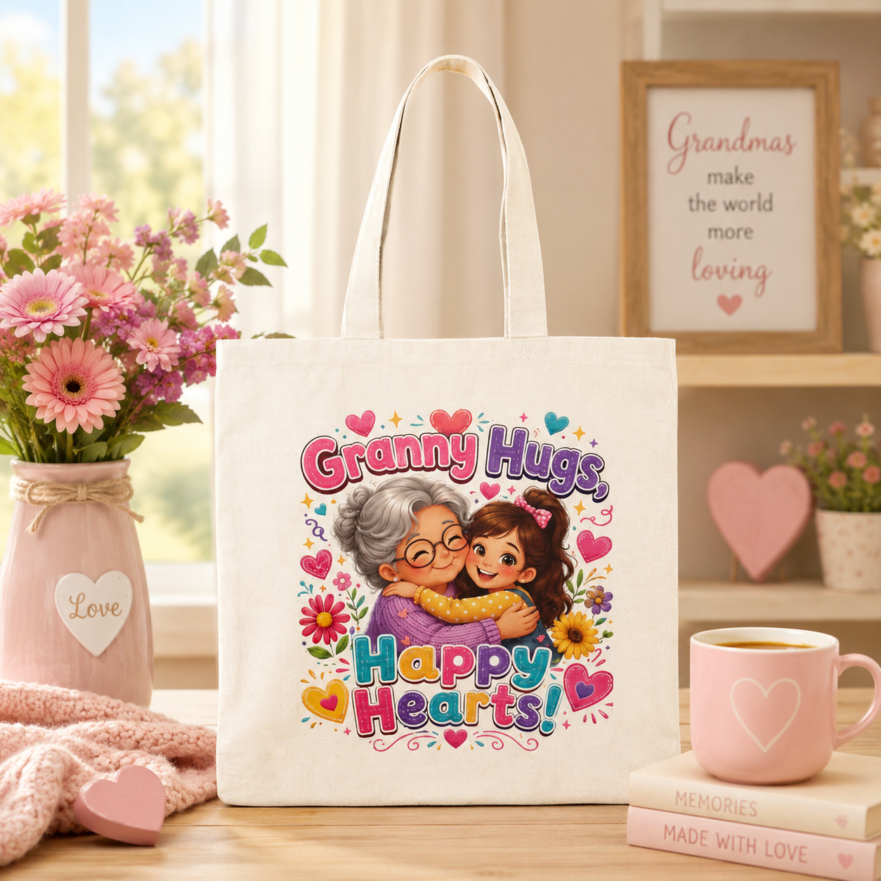 Granny Hugs Happy Hearts Tote Bag | Grandma and Child Illustration