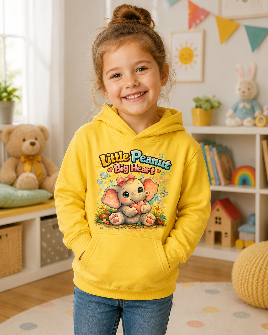 Kids Hoodie - "Little Peanut Big Heart" Cute Baby Elephant Graphic Pullover