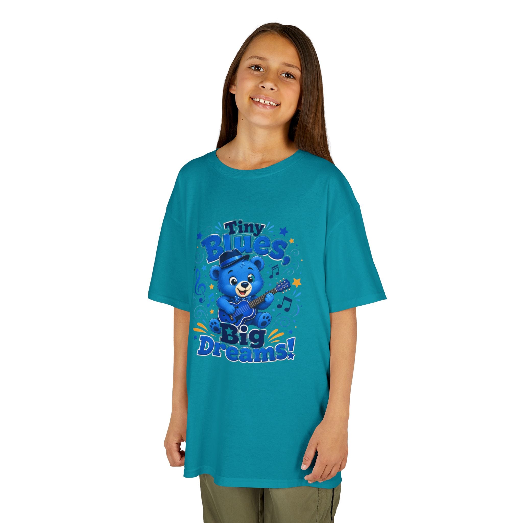 Kids Tee - "Tiny Blues, Big Dreams!" Cute Blue Bear Music Graphic