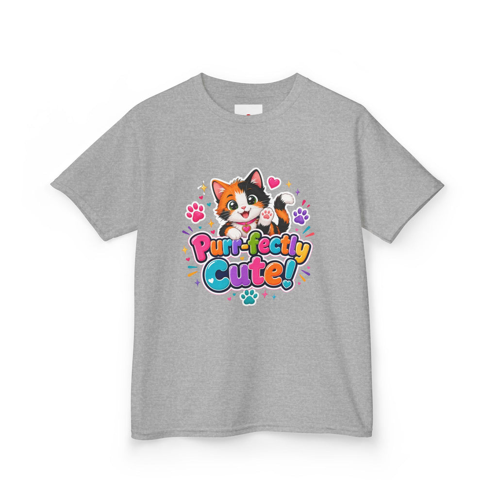 Kids Tee — “Purr-fectly Cute!” Colorful Calico Cat Graphic
