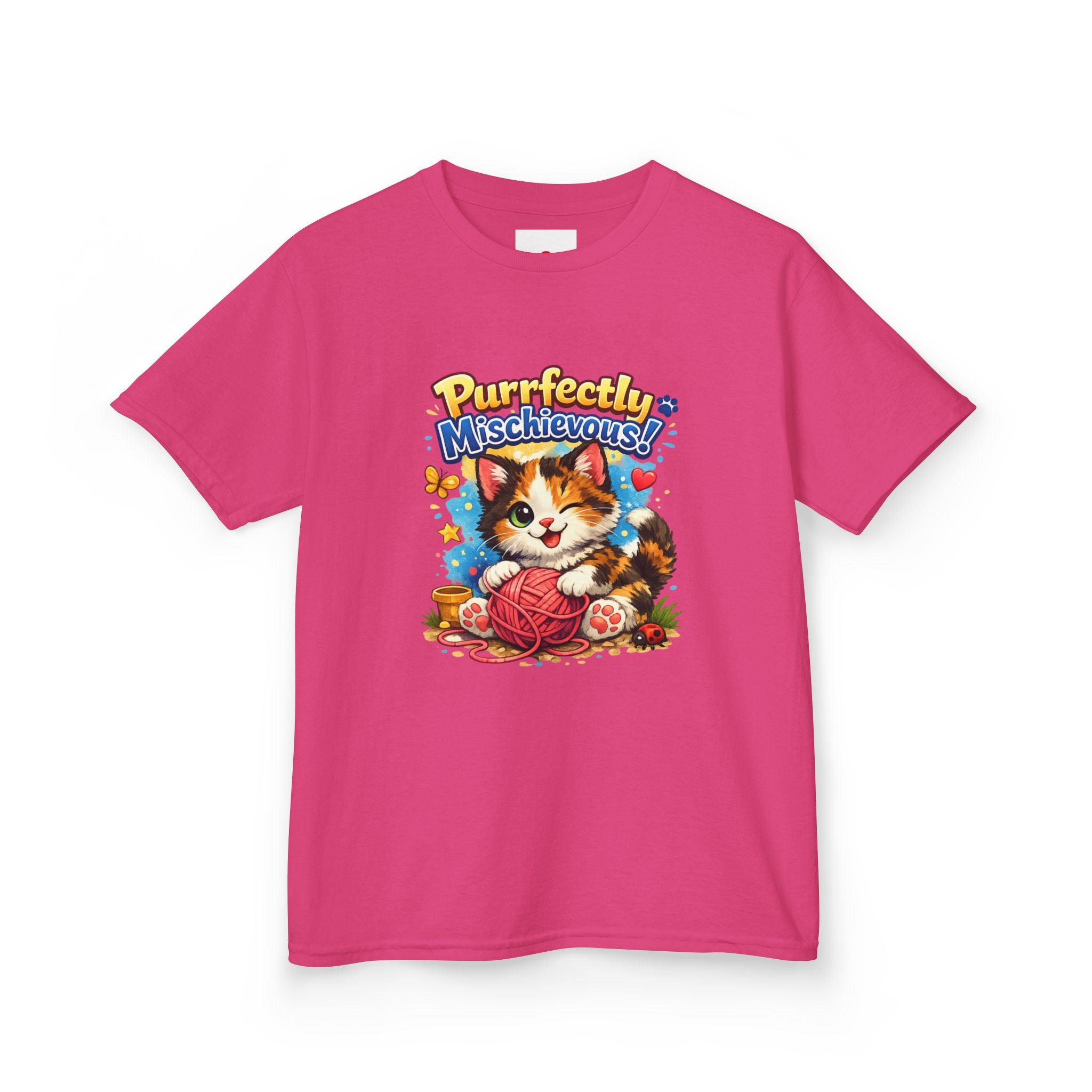 Kids T-Shirt — "Purrfectly Mischievous" Cute Kitten Playing with Yarn
