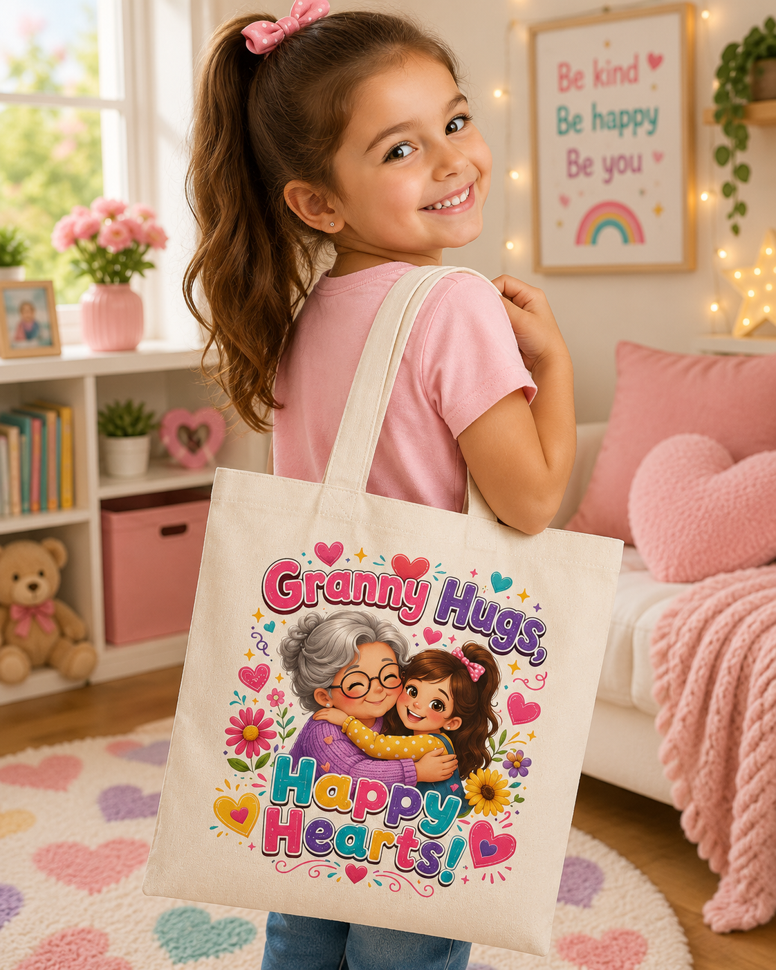 Granny Hugs Happy Hearts Tote Bag | Grandma and Child Illustration