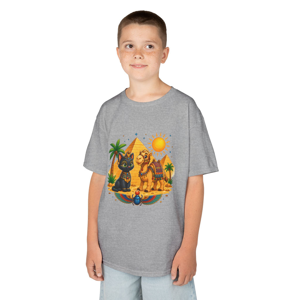 Egyptian Cats and Camel Kids Tee | Pyramid Desert Sun Illustration