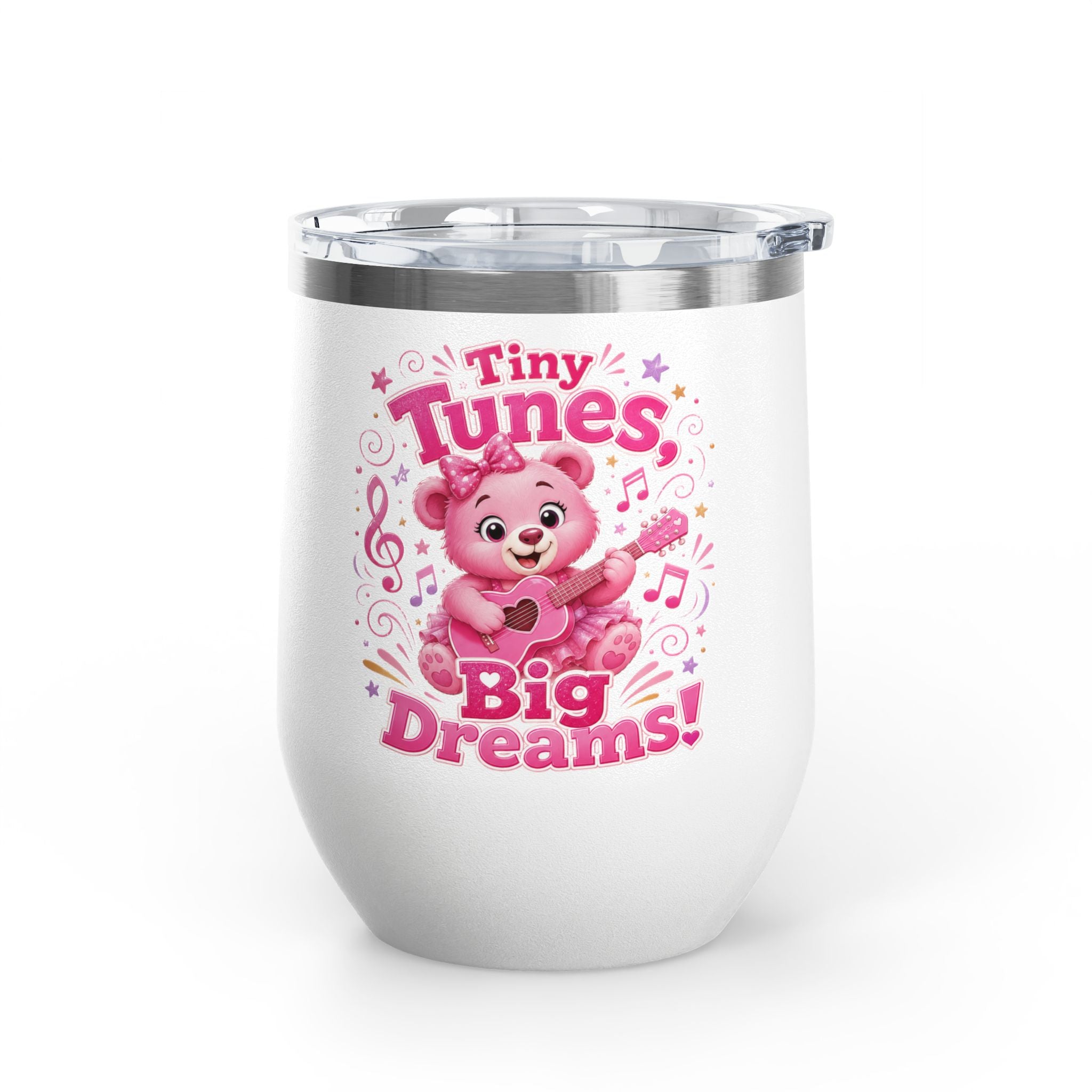 12oz Tumbler — "Tiny Tunes, Big Dreams" Cute Pink Bear Design