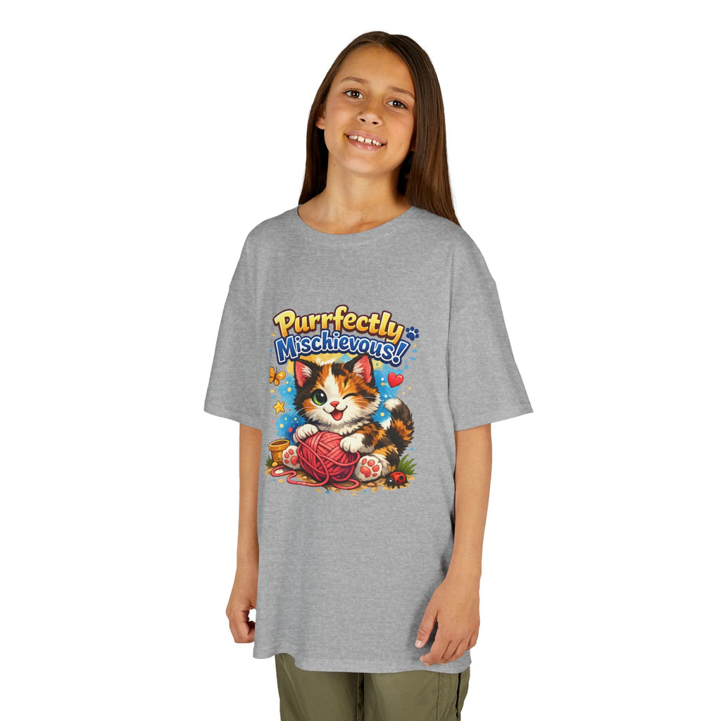 Kids T-Shirt — "Purrfectly Mischievous" Cute Kitten Playing with Yarn