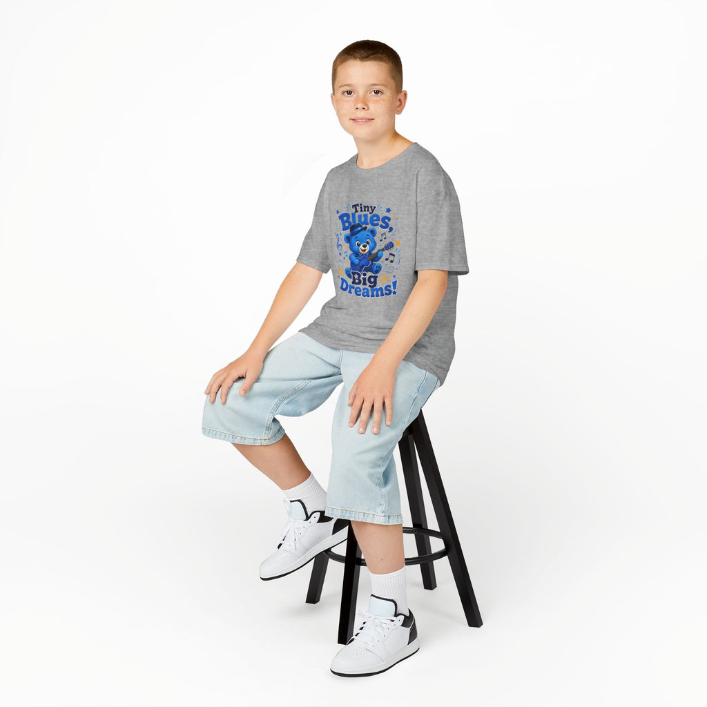 Kids Tee - "Tiny Blues, Big Dreams!" Cute Blue Bear Music Graphic