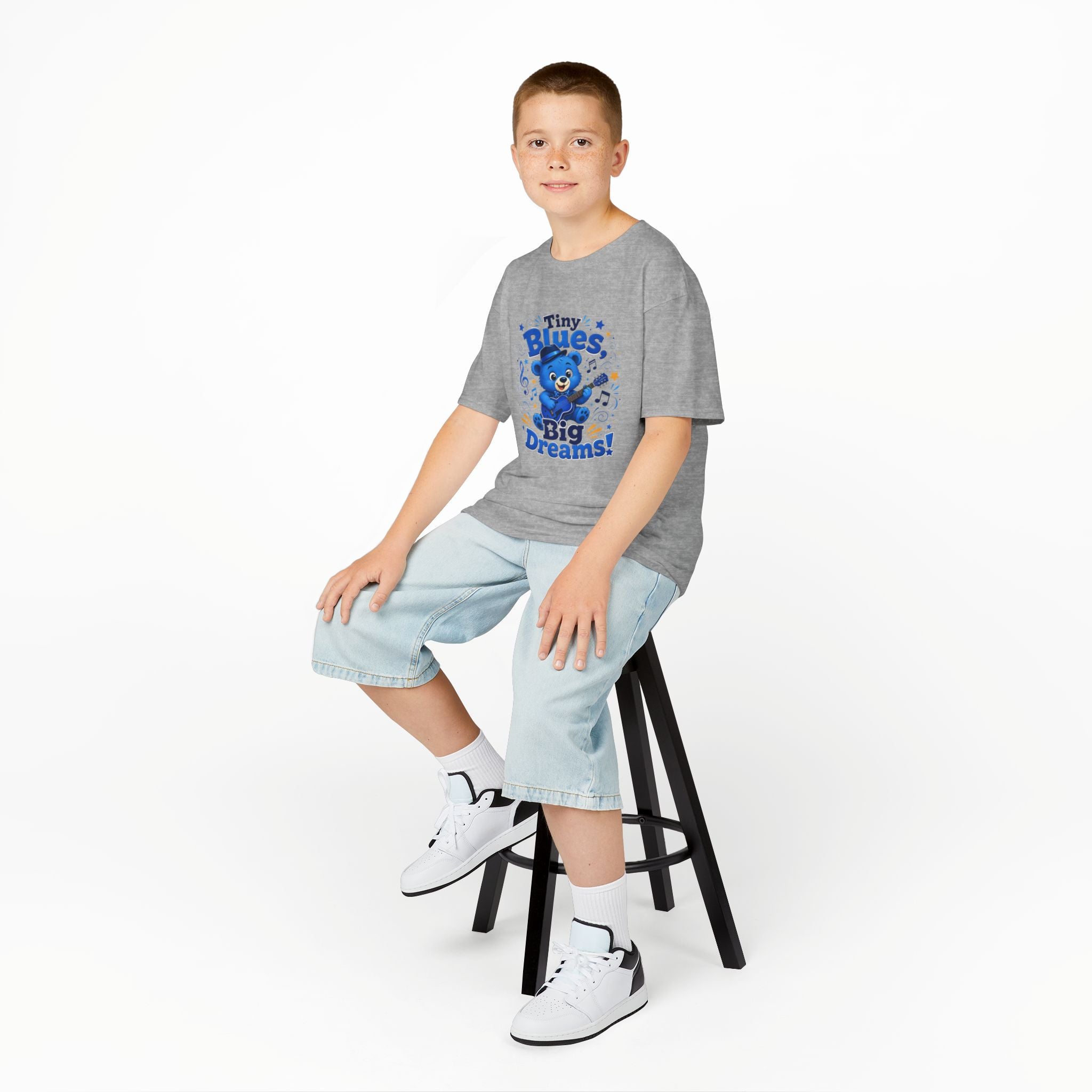 Kids Tee - "Tiny Blues, Big Dreams!" Cute Blue Bear Music Graphic