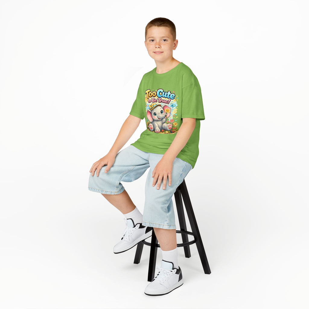 Kids Tee — "Too Cute to Be True" Elephant Graphic