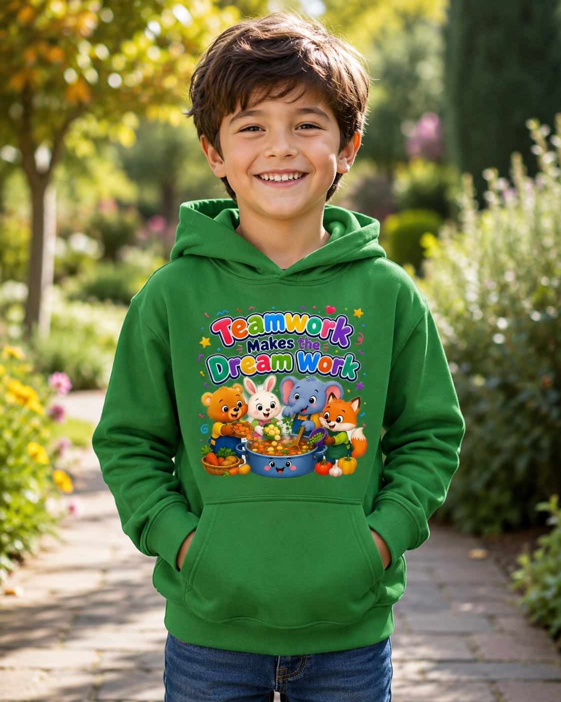 Kids Hoodie - "Teamwork Makes the Dream Work" Cute Animal Crew