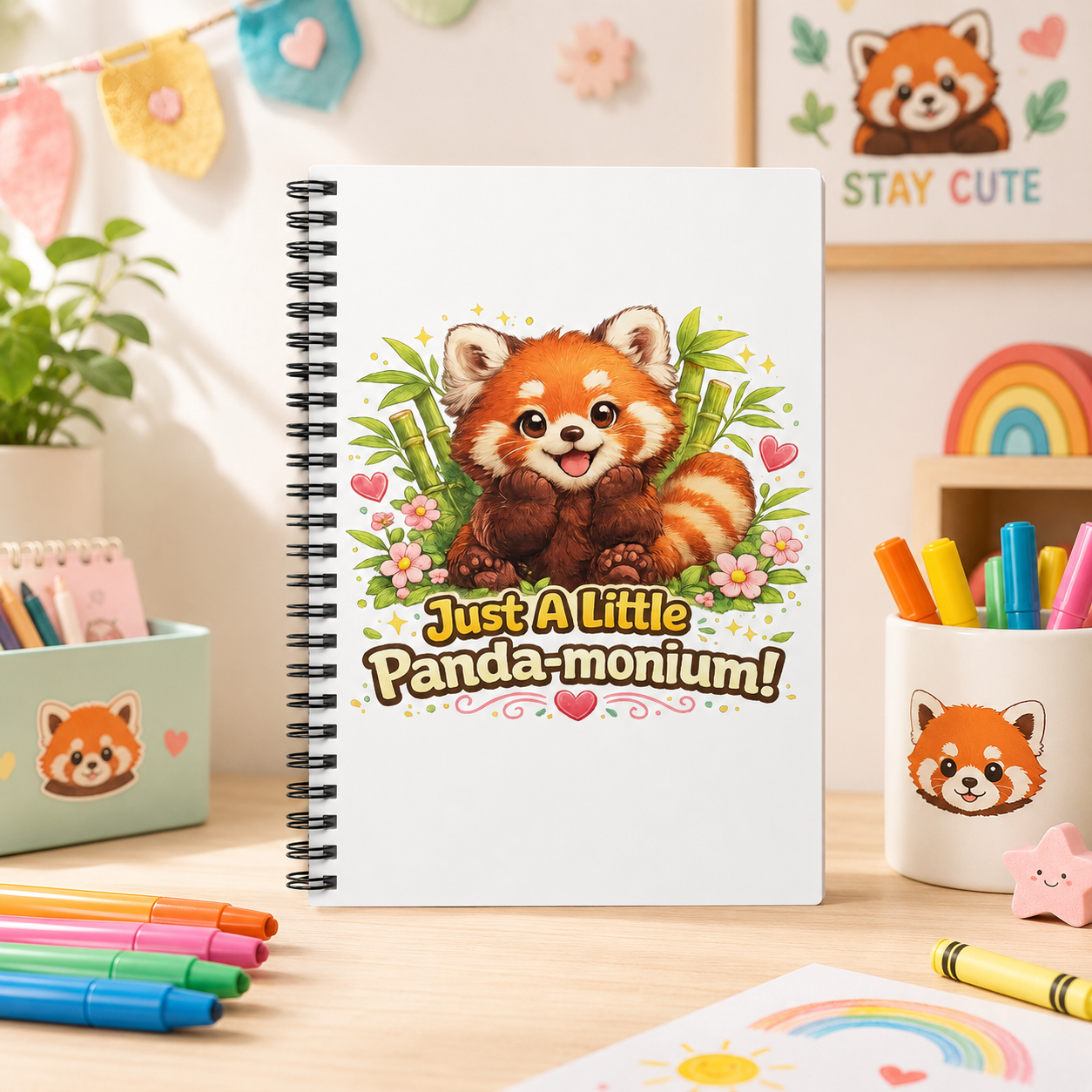 Cute Red Panda Illustration Just A Little Panda-monium Spiral Notebook | Ruled