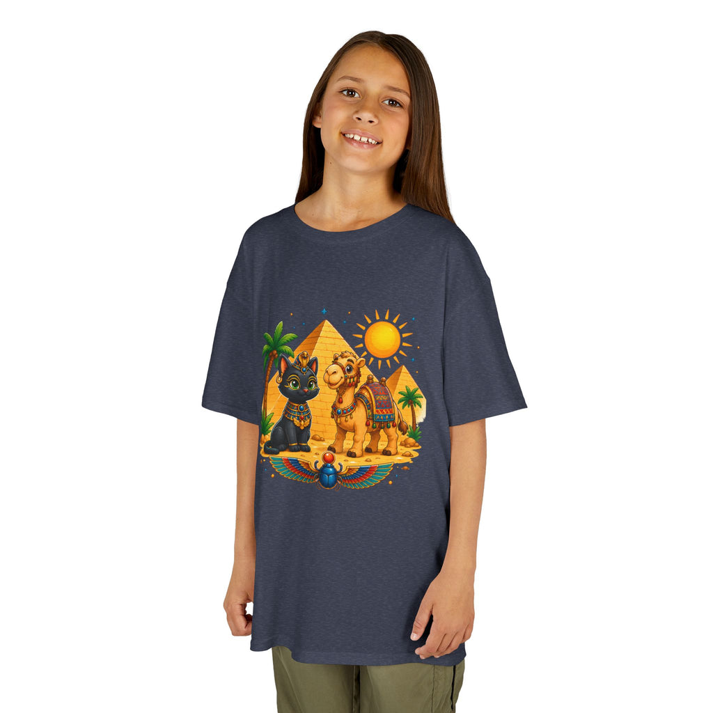 Egyptian Cats and Camel Kids Tee | Pyramid Desert Sun Illustration