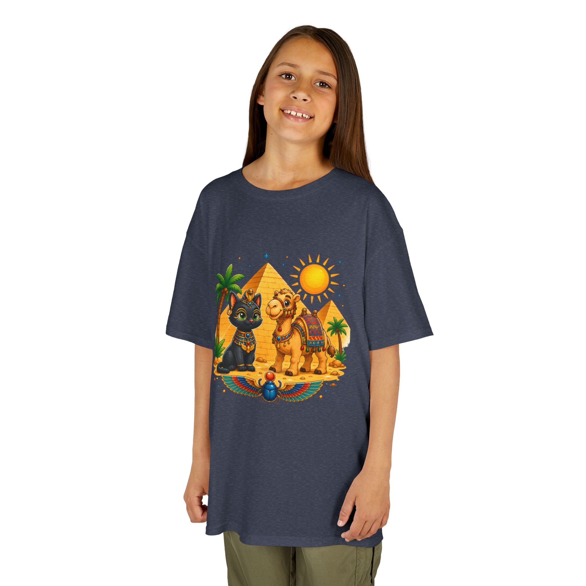 Egyptian Cats and Camel Kids Tee | Pyramid Desert Sun Illustration