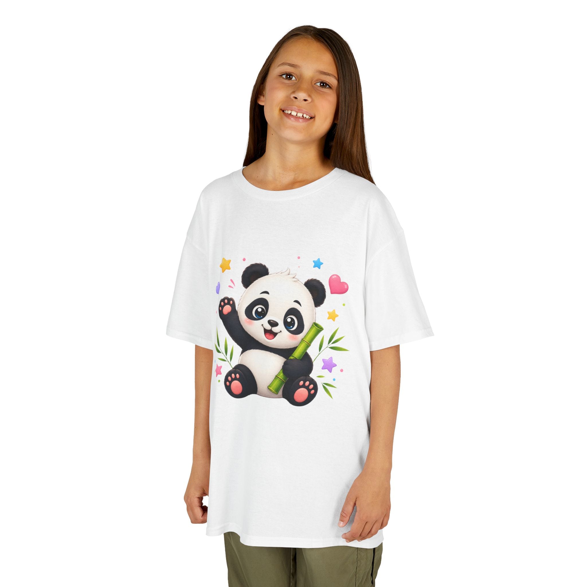 Cute Panda Kids T‑Shirt — Smiling Baby Panda with Hearts & Bamboo