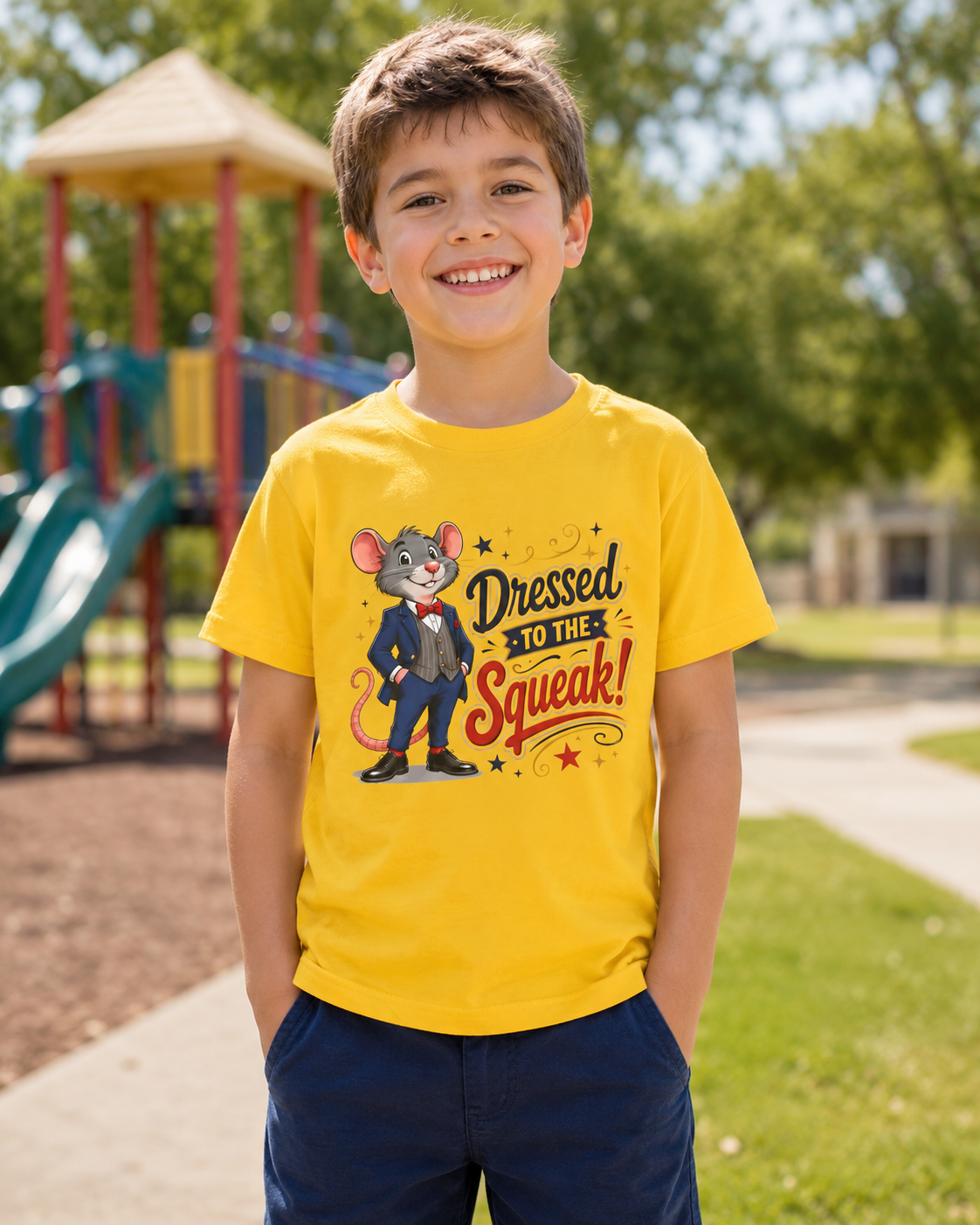 Kids Tee — "Dressed to the Squeak" Cartoon Mouse Graphic