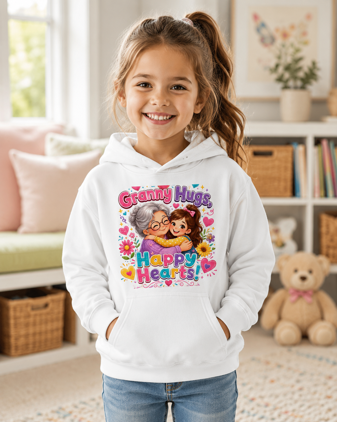 Kids Hoodie — "Granny Hugs, Happy Hearts" Cute Grandmother & Child Graphic Hoodie
