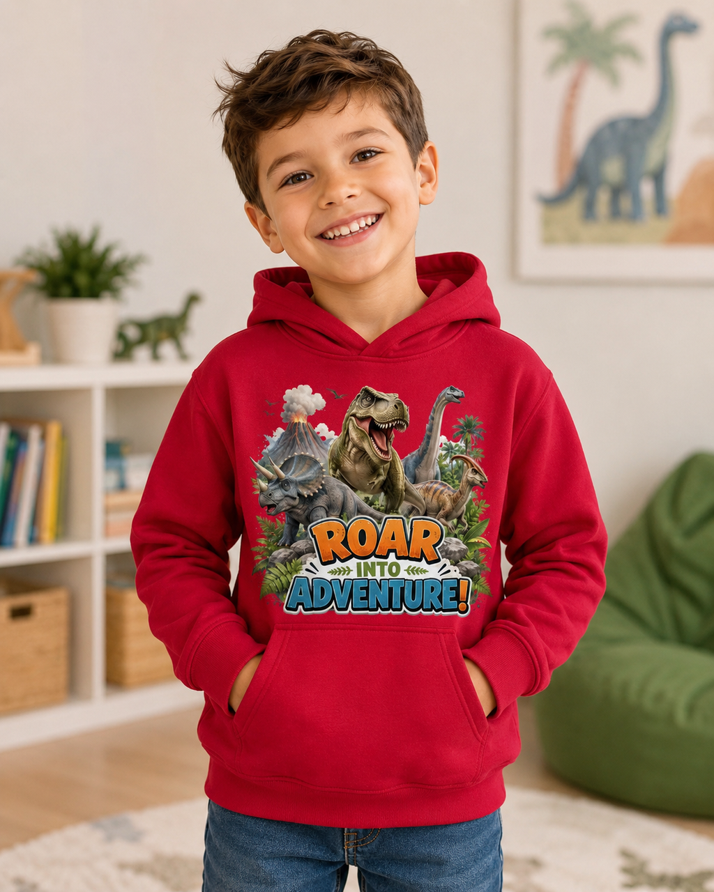 Kids Hoodie - "Roar Into Adventure" Dinosaur Hoodie for Boys & Girls, T‑Rex Graphic Pullover