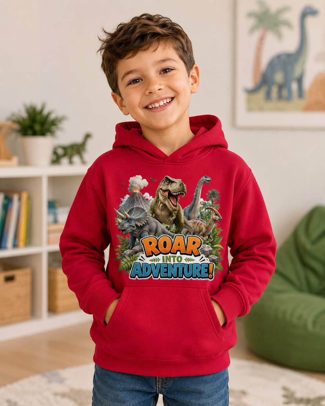 Kids Hoodie - "Roar Into Adventure" Dinosaur Hoodie for Boys & Girls, T‑Rex Graphic Pullover