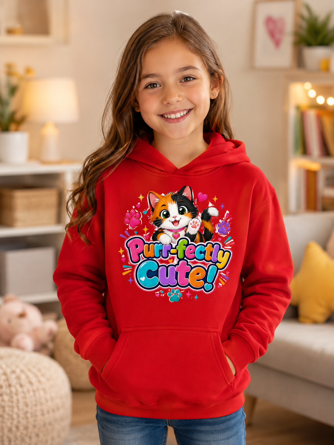 Kids Hoodie — "Purr-fectly Cute!" Cat Graphic Pullover for Children