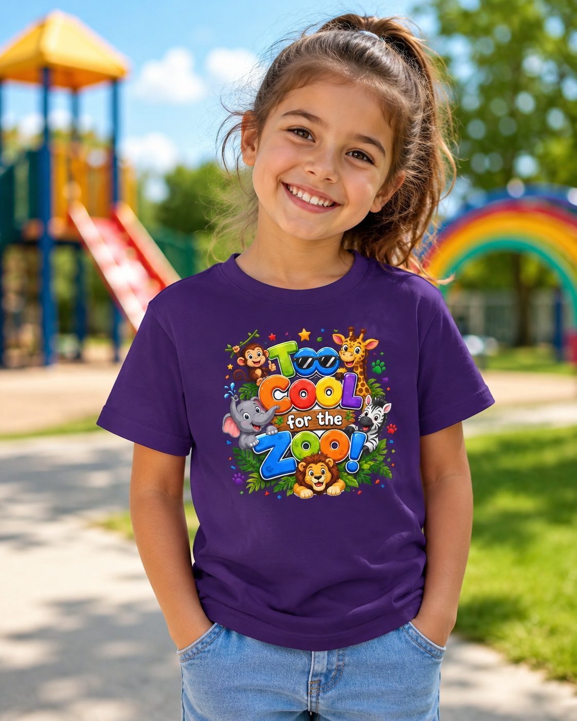 Kids Tee — "Too Cool for the Zoo" Colorful Animal Graphic