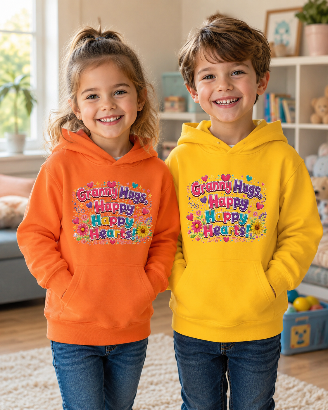 Granny Hugs Happy Happy Heart Kids Hoodie | Colorful Floral Heart Design