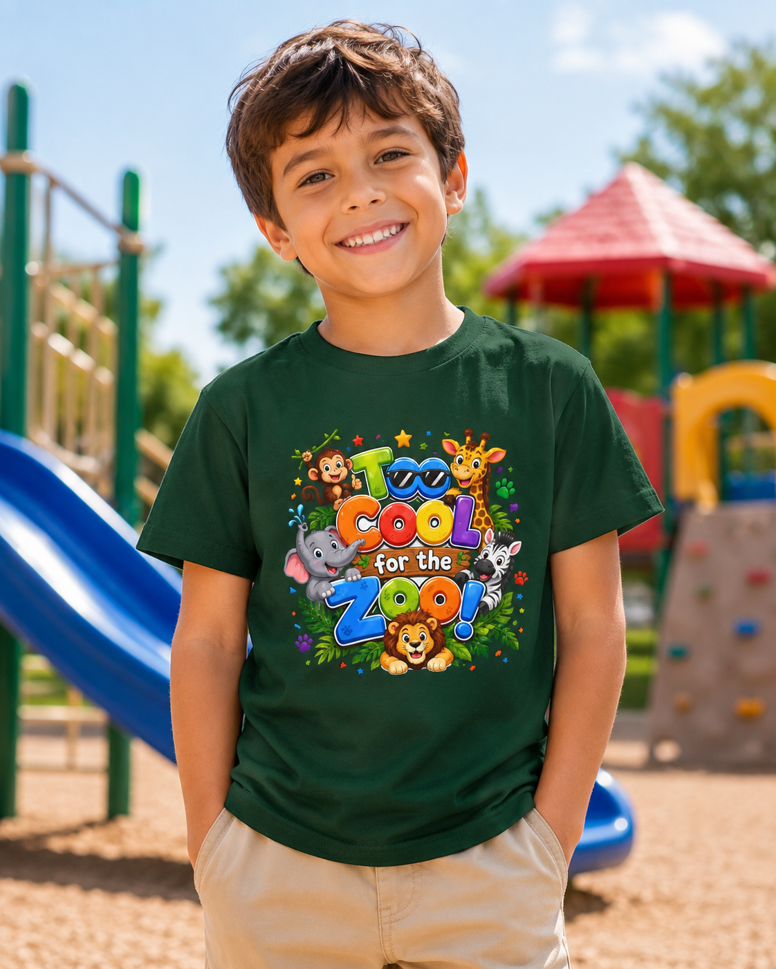 Kids Tee — "Too Cool for the Zoo" Colorful Animal Graphic